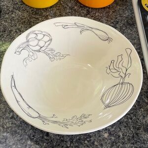 Source Unknown White Ceramic Serving Bowl with Vegetable Sketches